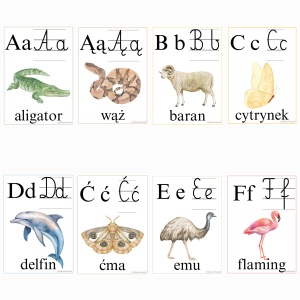 ALFABET – PLANSZE – Zwierzęta (dwuznaki+zmiękczenia) kolory pastelowe.